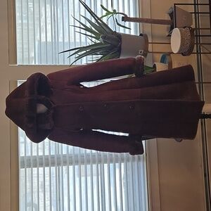 Suede Leather Hooded Shearling Coat Brown Burgundy Size Medium